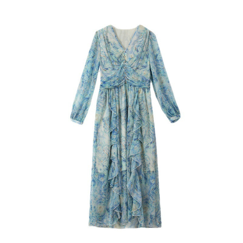 NGTG Van Gogh Celestial Chiffon Ruffled Maxi Dress