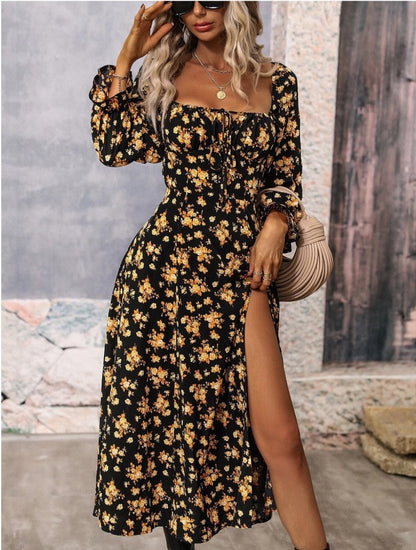 NGTG Spring Floral Print Square-Neck Long Sleeve Dress with Slit