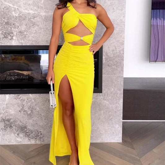 NGTG Sexy Yellow Asymmetrical Double Twist Wrap Long Dress