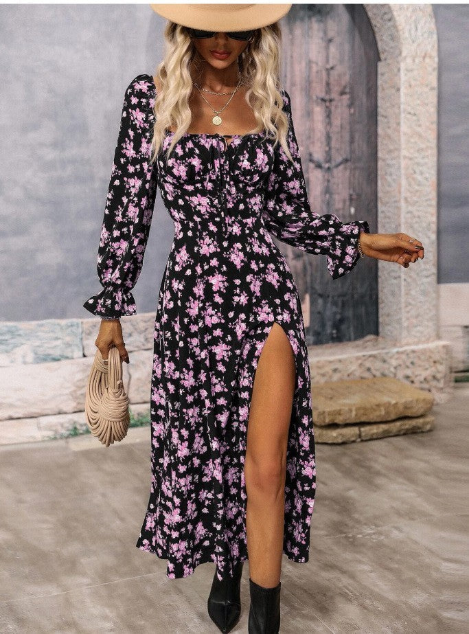 NGTG Spring Floral Print Square-Neck Long Sleeve Dress with Slit