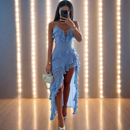 NGTG Solid Sky Blue Layered Ruffle Maxi Dress