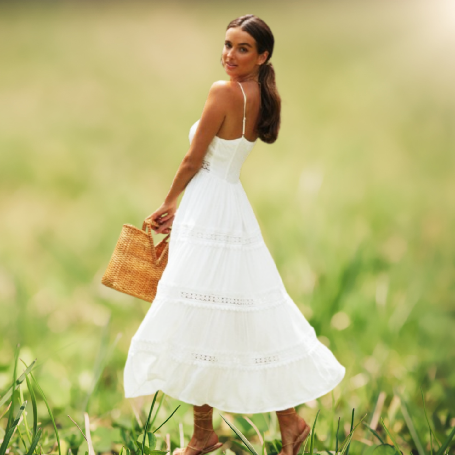 NGTG White Boho Lace Maxi Sundress, Flowy White Beach Dress