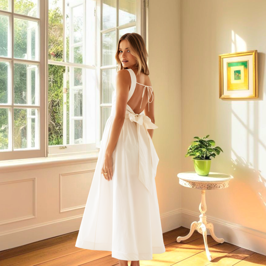 NGTG Lovely White Lace-up Ribbon Sling Maxi Long Dress