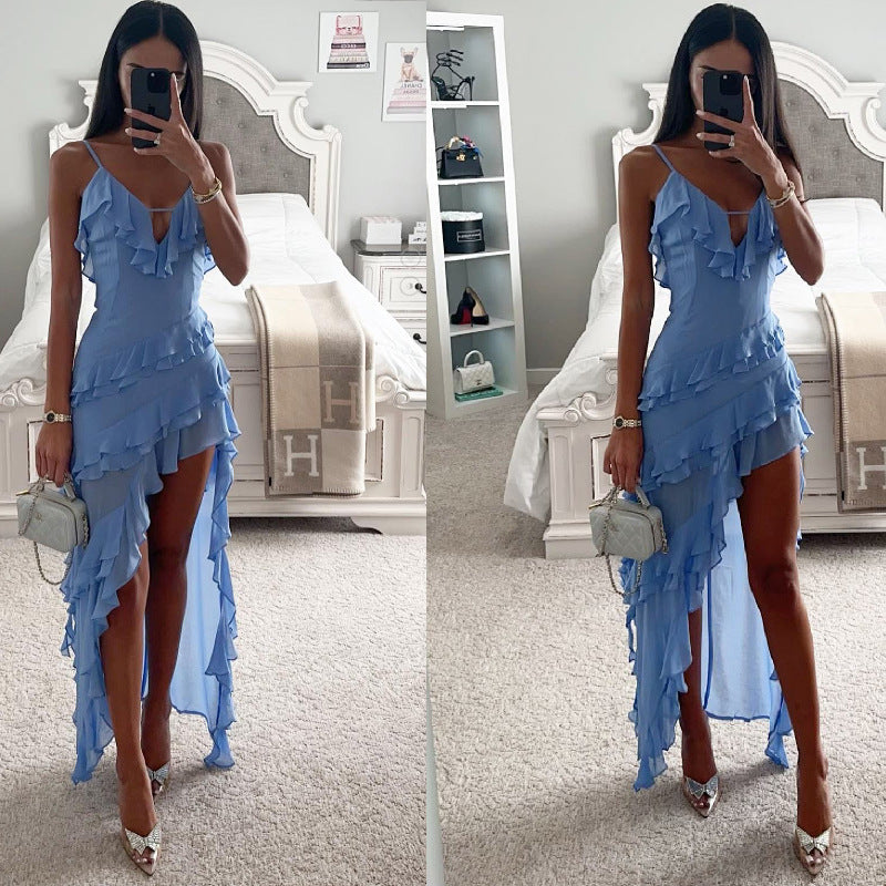 NGTG Solid Sky Blue Layered Ruffle Maxi Dress