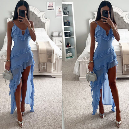 NGTG Solid Sky Blue Layered Ruffle Maxi Dress