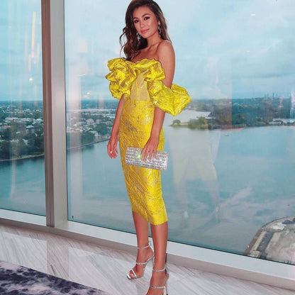 NGTG Red Carpet Off-Shoulder Stunning Yellow Jacquard Sheath Dress