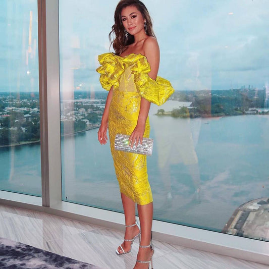 NGTG Red Carpet Off-Shoulder Stunning Yellow Jacquard Sheath Dress