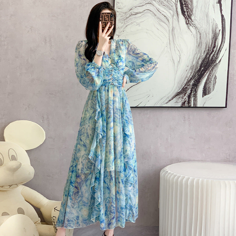 NGTG Van Gogh Celestial Chiffon Ruffled Maxi Dress