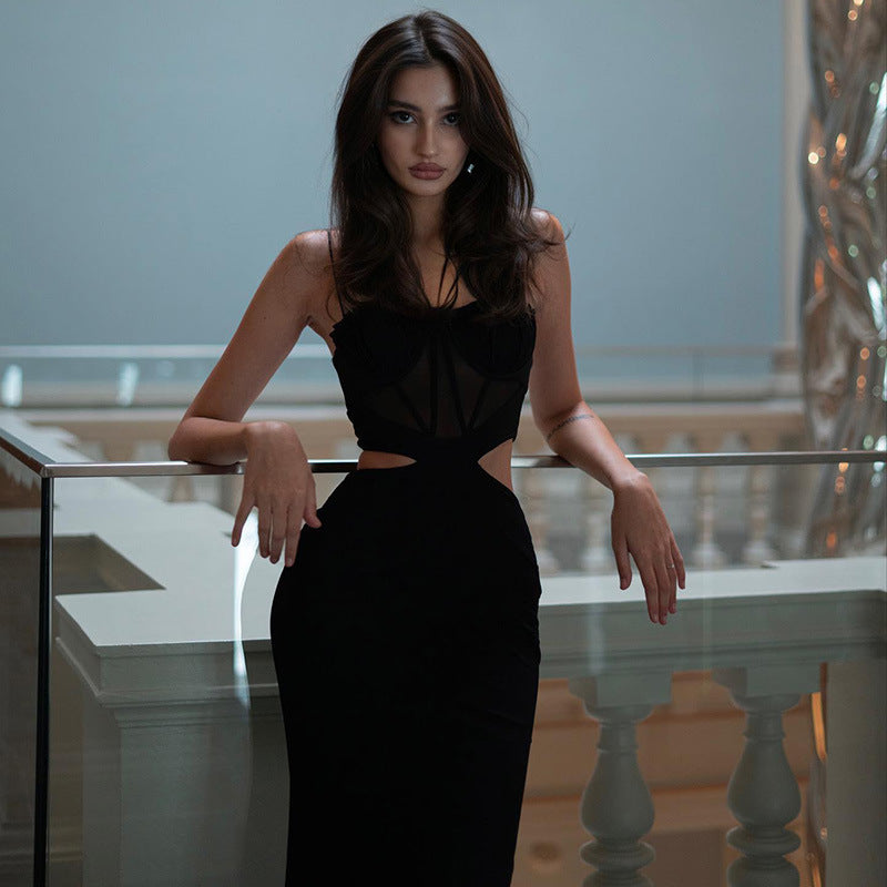 NGTG Sexy Hot Mesh Cutout Long Black Dress