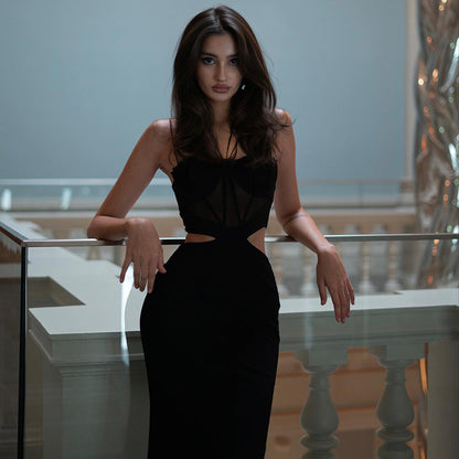 NGTG Sexy Hot Mesh Cutout Long Black Dress