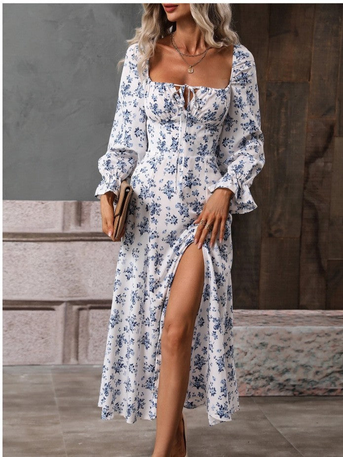 NGTG Spring Floral Print Square-Neck Long Sleeve Dress with Slit