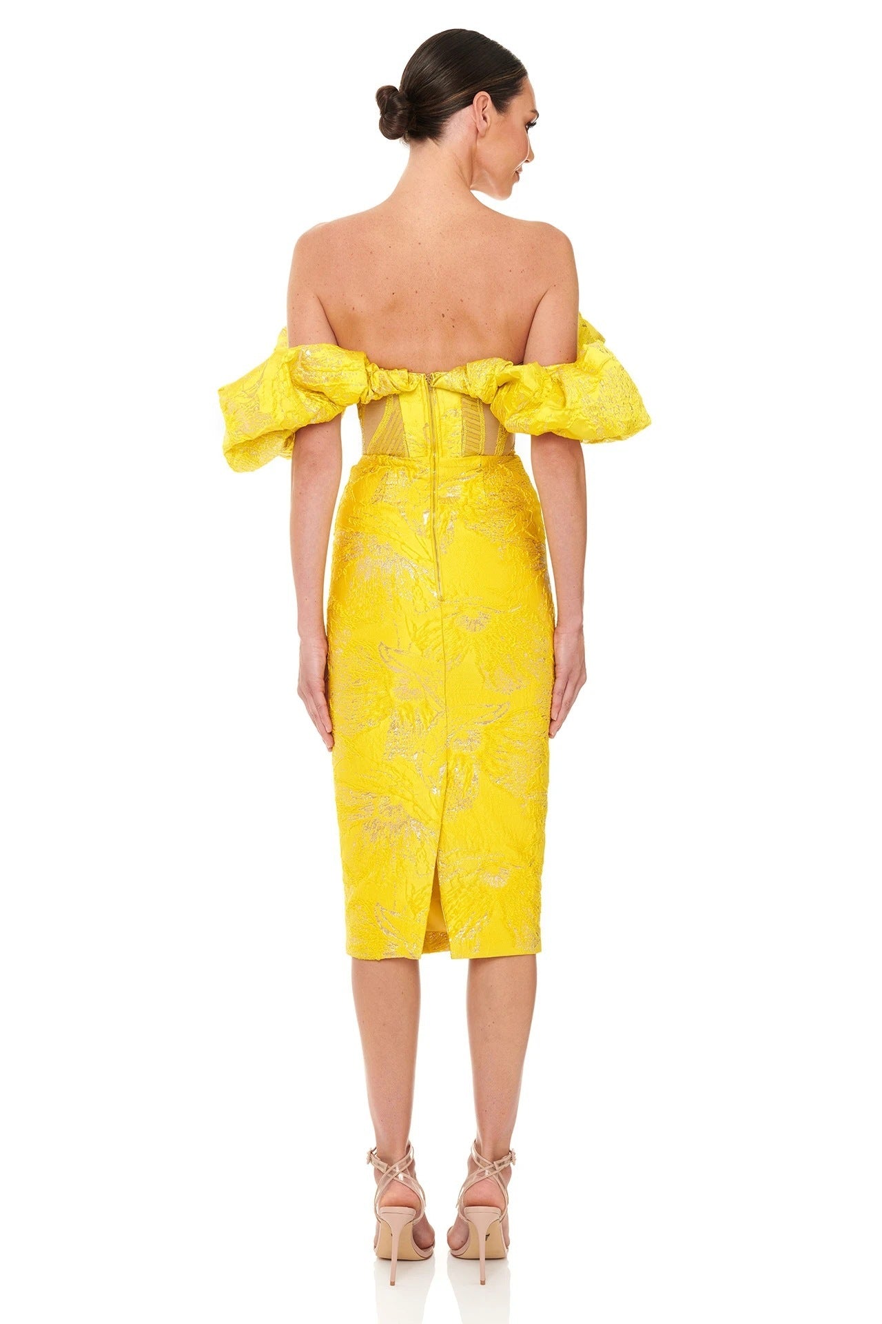 NGTG Red Carpet Off-Shoulder Stunning Yellow Jacquard Sheath Dress