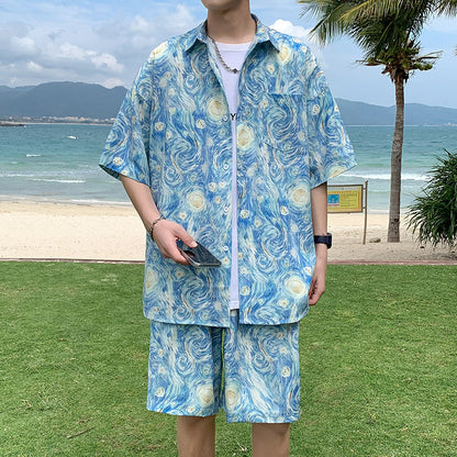 NGTG IVORY Men's Painted Horizons Beach Pairs – Van Gogh-Inspired Summer Holiday Shirts